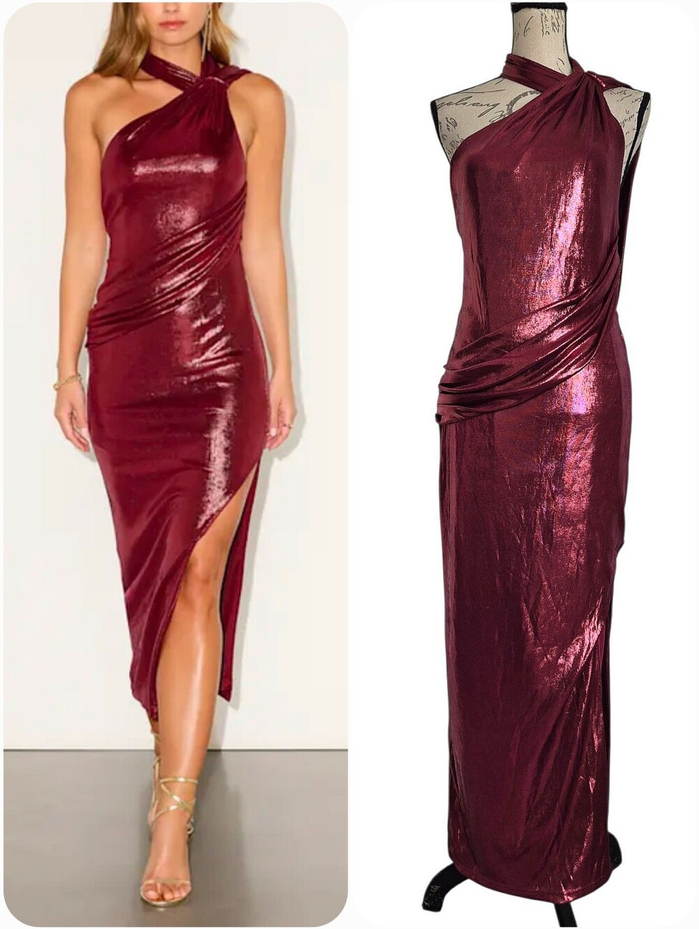 Lulus Naiara Red Burgundy Midi Cocktail Party Dress L NWT Wedding guest Metallic